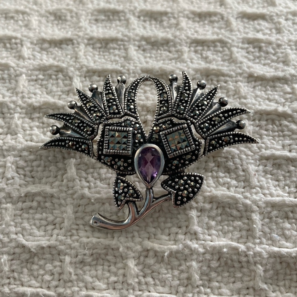 Gorgeous Stirling Silver Thistle Pin With Marcasite & Pear Shape Amethyst Stone